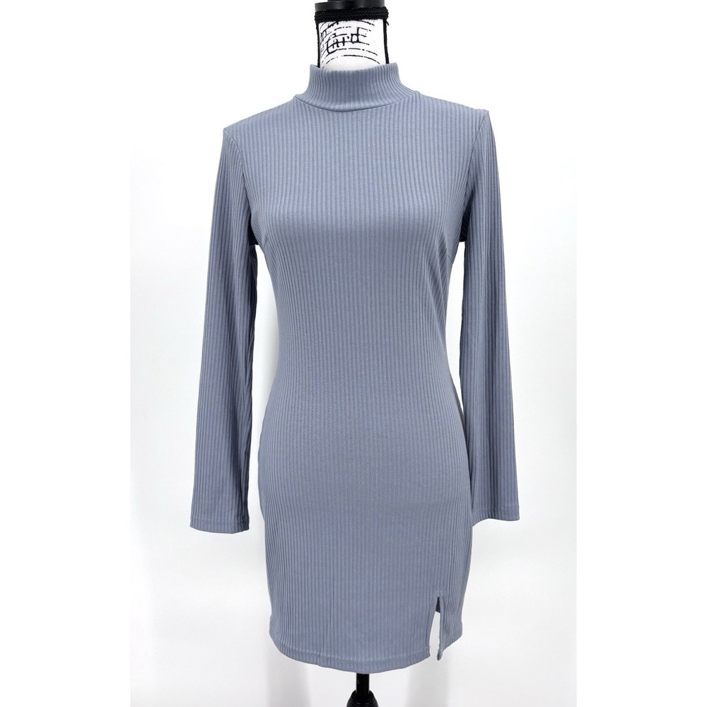 Hello Molly Mini Dress Size Small Blue Gray Ribbed Mock Turtleneck Bodycon NWT